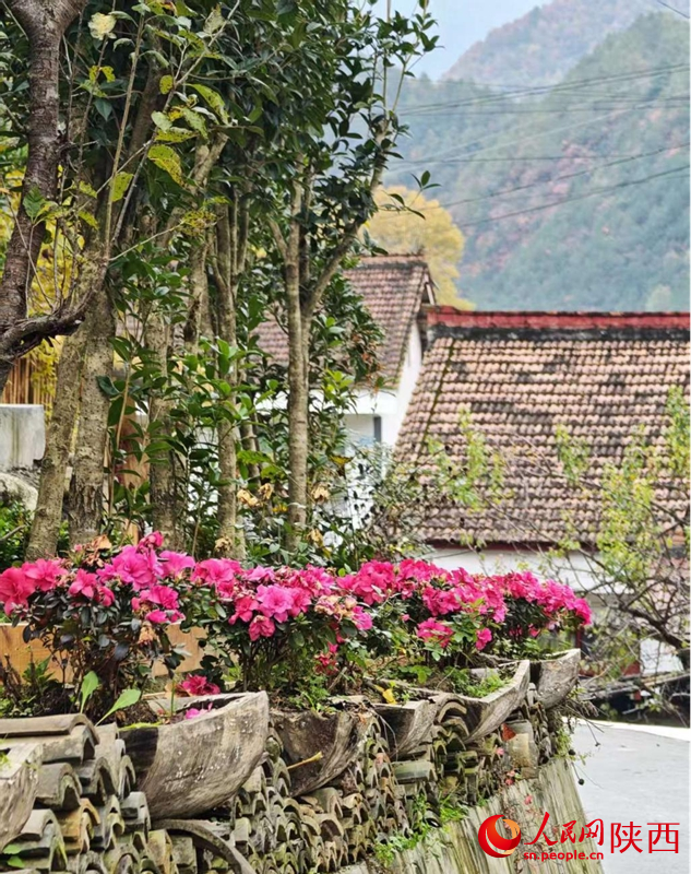 梭椤村长坪景观墙巧镶嵌村民捐赠的瓦片、老石磨、陶罐等老物件。人民网记者 邹星摄