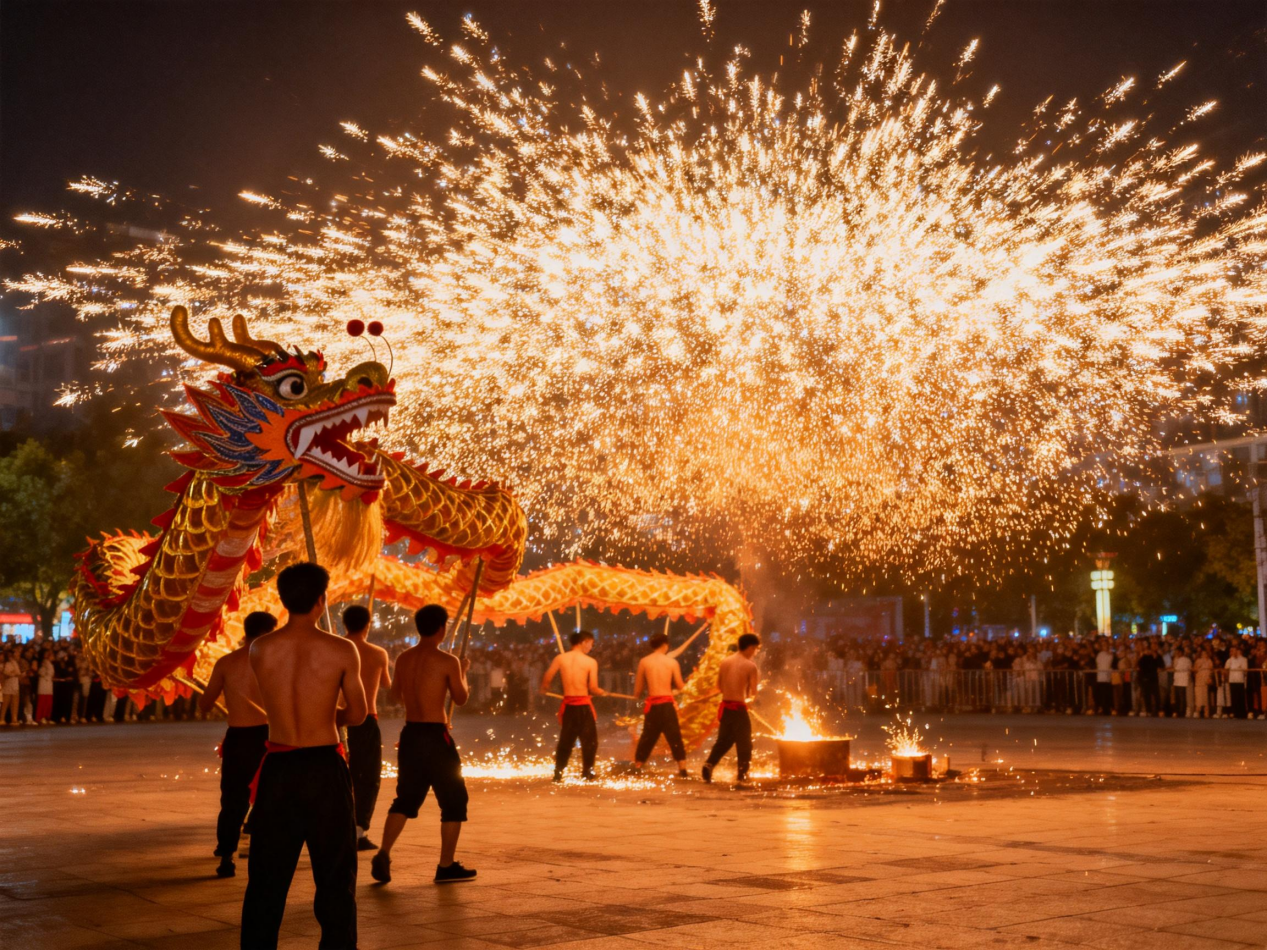 jimeng-2026-01-14-3469-夜晚,在广场,舞龙钢花表演,震撼 璀璨,大师级摄影,高分别率,8K,极度清晰,唯...