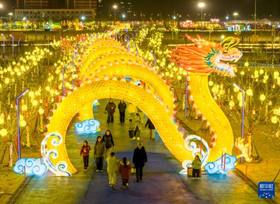 2月14日,市民在江苏省兴化市莲溪湖公园赏灯游玩(无人机拍照)。