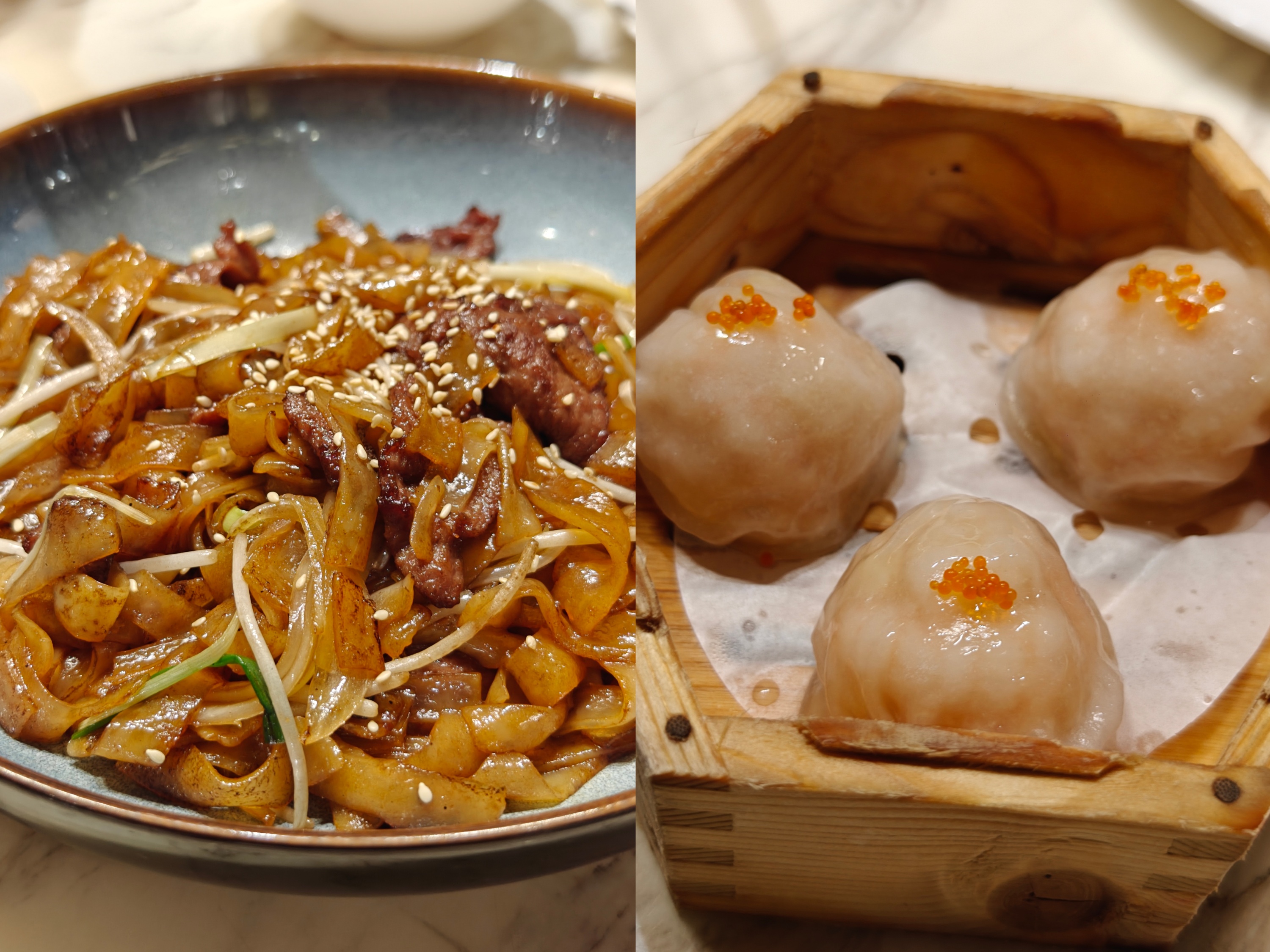 图为广州早茶食品，分别为干炒牛河、虾饺。人民网记者 王雅蝶摄